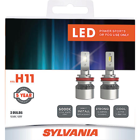 H11: LED Powersports Headlight or Fog Bulb, 6000K Cool White Light, 2 Pack (For Fog & Powersport Use Only)