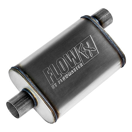 Flow FX Muffler, 2.5in Offset Inlet 2.5in Center Outlet, 14in long, Non-Reversible, Aggressive Sound