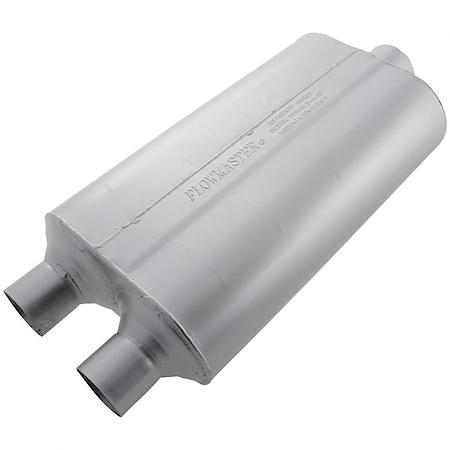 50 Series Muffler, 2.25in Dual Offset Inlet 3in Center Outlet, Non-Reversible, Moderate Sound