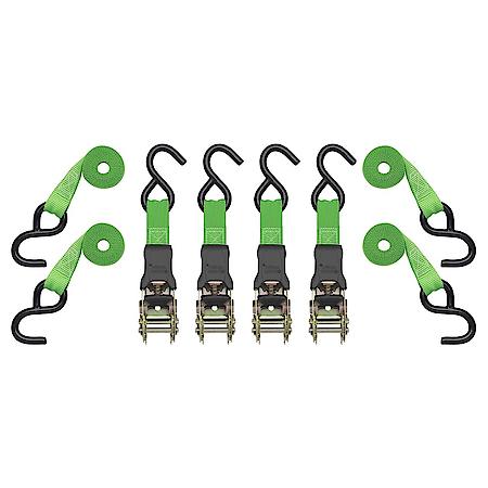 14' 1500 lbs Break Strength Padded Ratchet Tie Downs, Green, 4 Pack