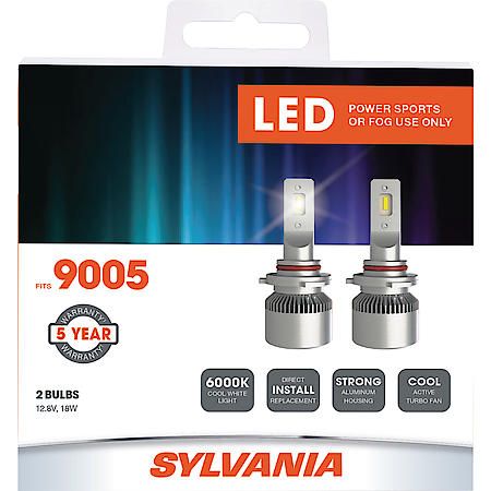9005: LED Powersports Headlight or Fog Bulb, 6000K Cool White Light, 2 Pack