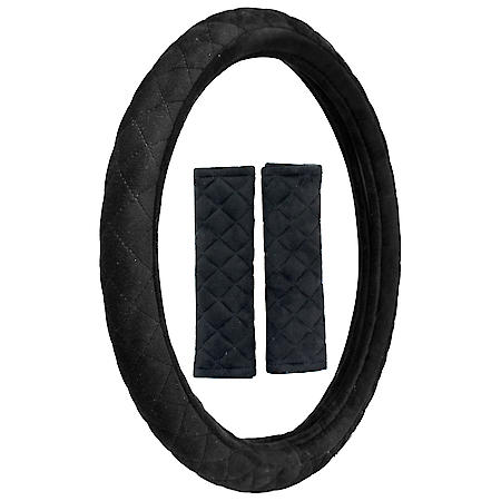 Luxury Steering Wheel Cover: Diamond Stitch, Fits 14.5-15.5", Two Seat Belt Pads