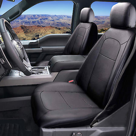 Seat Cover: Black, Faux Leather, Low Back, Durable, Direct Fit, 2 Pk