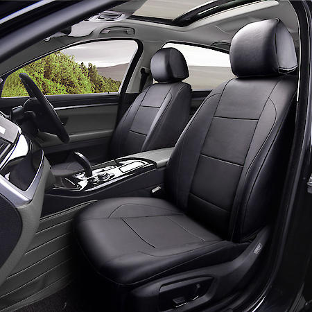Seat Cover: Black, Faux Leather, Low Back, Durable, Direct Fit, 2 Pk