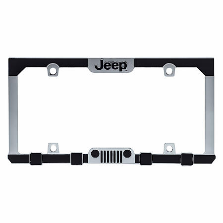 Jeep Grill License Plate Frame : Chrome, Black Metal, Excludes Mounting Hardware