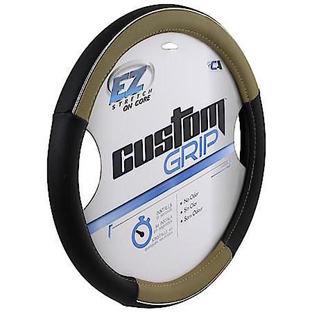 Sport Steering Wheel Cover: Black & Tan Perforated Leatherette, Fits 14.5-15.5"