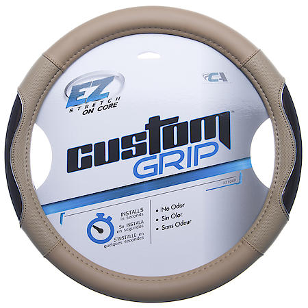 Luxury Steering Wheel Cover: Tan Leatherette, Fits 14.5-15.5", Woodgrain Accent