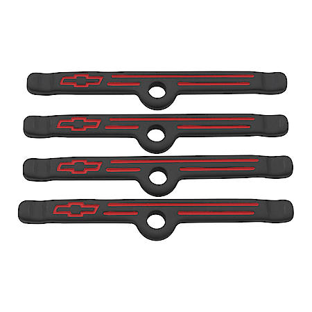 Hold Down Clamps,Black Crinkle,Red Bowtie Logo, Chevy Small Block 262-400 Engines 1955-86, 4 per Pkg