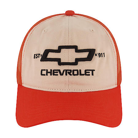 Orange/Beige Chevy Bowtie Trucker Baseball Hat: Snap Back Adjustable, Curved Brim, Cotton/Poly Blend