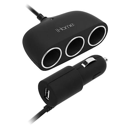 Triple 12V Car Charger with USB Port - Black