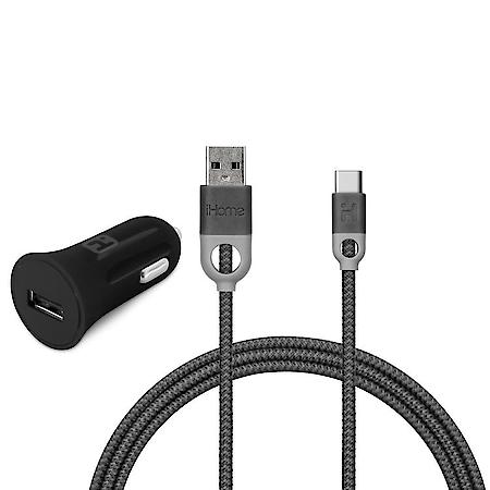 DC Car Charger & 6' USB Type-C Cable Bundle, Black