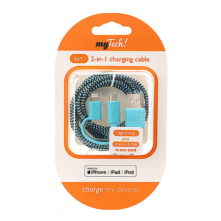 My Tech, 6' Micro USB, Lightning 2-in-1 Cable, Black-Blue