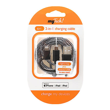 My Tech, 6' Micro USB, Lightning 2-in-1 Cable, Black-Silver